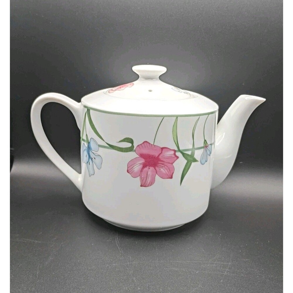 Retro MCM Mauve Aqua Black Floral Ceramic Teapot with Lid Japan